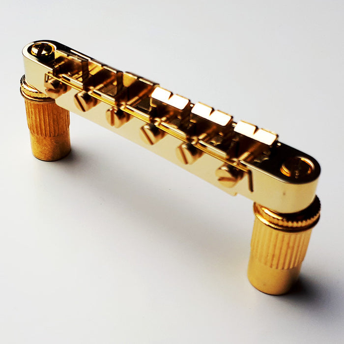 GT Vintage Style Tune-O-Matic Electric Guitar Bridge in Gold Finish with 6.3mm Diameter Mounting Posts