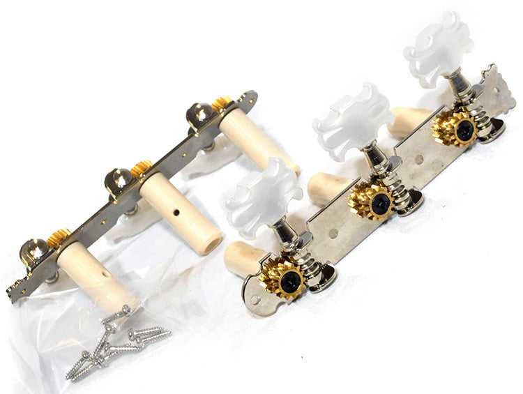 GT LA Series Classical Guitar Tuning Machines on Plate in Chrome Finish (3+3) with Fancy White Buttons
