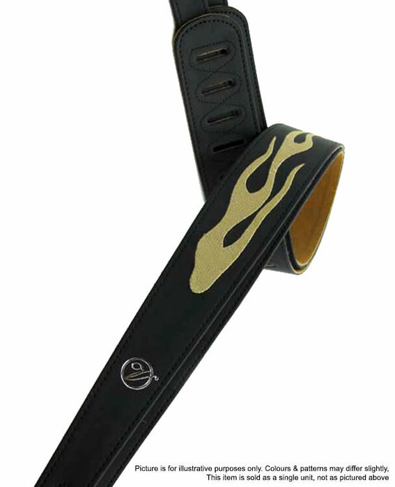 Vorson Black Leather Guitar Strap with Stitched Gold Flame Design Look Awesome with Vorson!