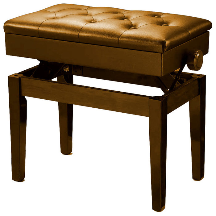Pro Height Adjustable Piano Stool with Storage in Walnut Gloss Matching Vinyl Buttoned Padded Seat
