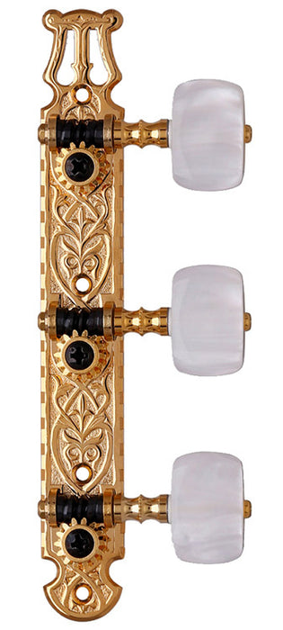 Gotoh 40G2000 Classical Guitar Tuning Machines on Decorative Plate in Gold Finish (3+3) with Rectangular White Pearl Buttons