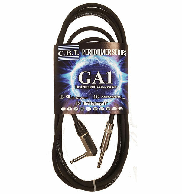 C.B.I. Cables GA1 Series 10ft Instrument Cable with 1 Right Angle Jack
