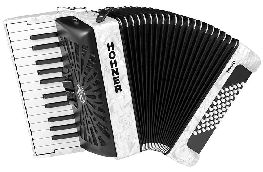 Hohner Bravo II 48 Bass Chromatic Accordion In White w/ Padded Gig Bag and Strap