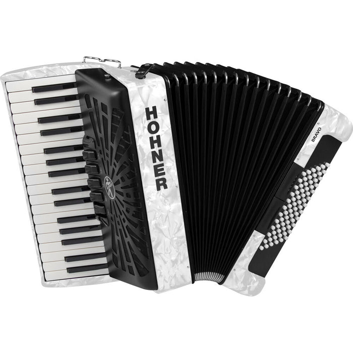 Hohner Bravo III 72 Bass Chromatic Accordion in White Pearl with Padded Gig Bag and Straps