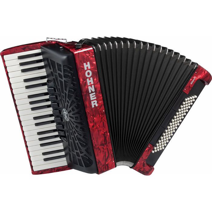 Hohner Bravo III 80 Bass Chromatic Accordion In Red Pearl with Padded Gig Bag and Straps