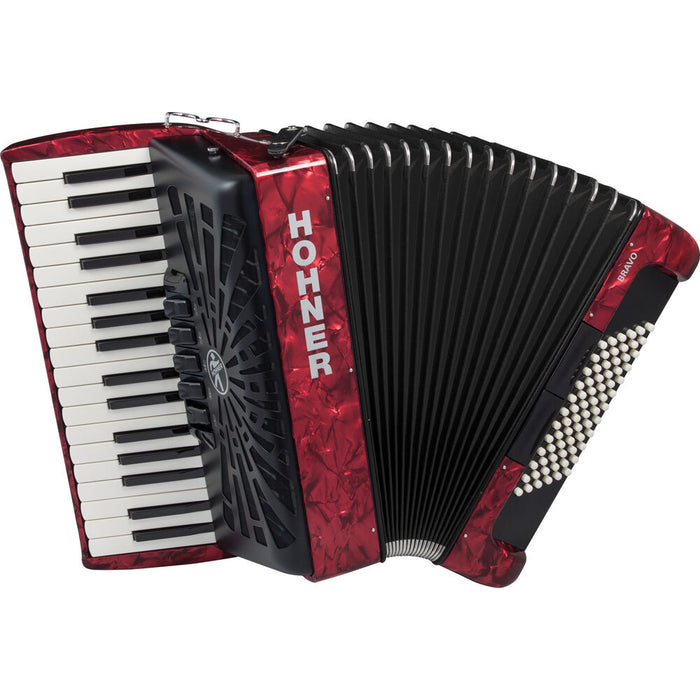 Hohner Bravo III 72 Bass Chromatic Accordion In Red Pearl with Padded Gig Bag and Straps