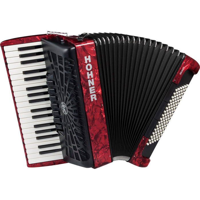 Hohner Bravo III 96 Bass Chromatic Accordion In Red Pearl with Padded Gig Bag and Straps
