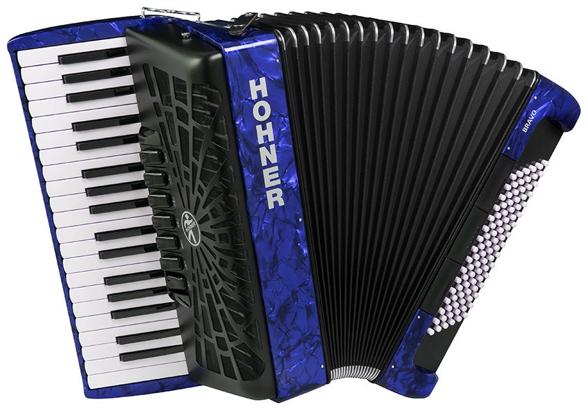 Hohner Bravo III 96 Bass Chromatic Accordion in Blue Pearl with Padded Gig Bag and Straps