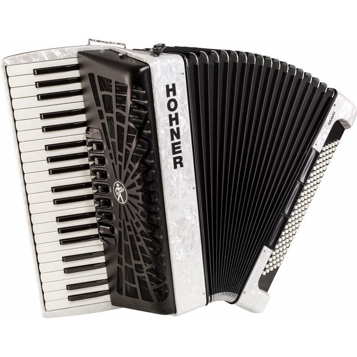 Hohner Bravo III 120 Bass Chromatic Accordion in White Pearl with Padded Gig Bag and Straps