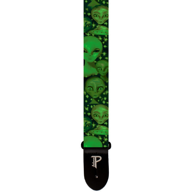 Perris 2" Polyester Green Aliens - Guitar Strap with Leather ends