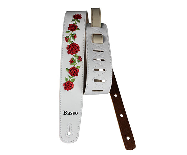 #35043 Basso Guitar Strap - Synthetic Floral Embroidered White