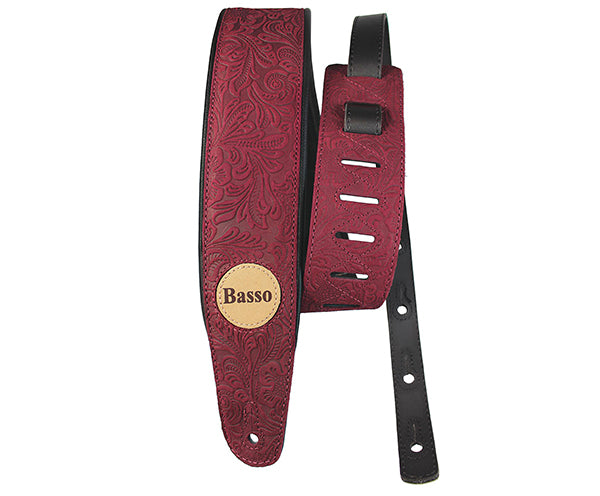 #35082 Basso Guitar Strap-Floral Emboss Leather RED