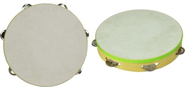 WOODEN HEADED TAMBOURINE 10 INCH WITH 6 PAIR JINGLES - NATURAL