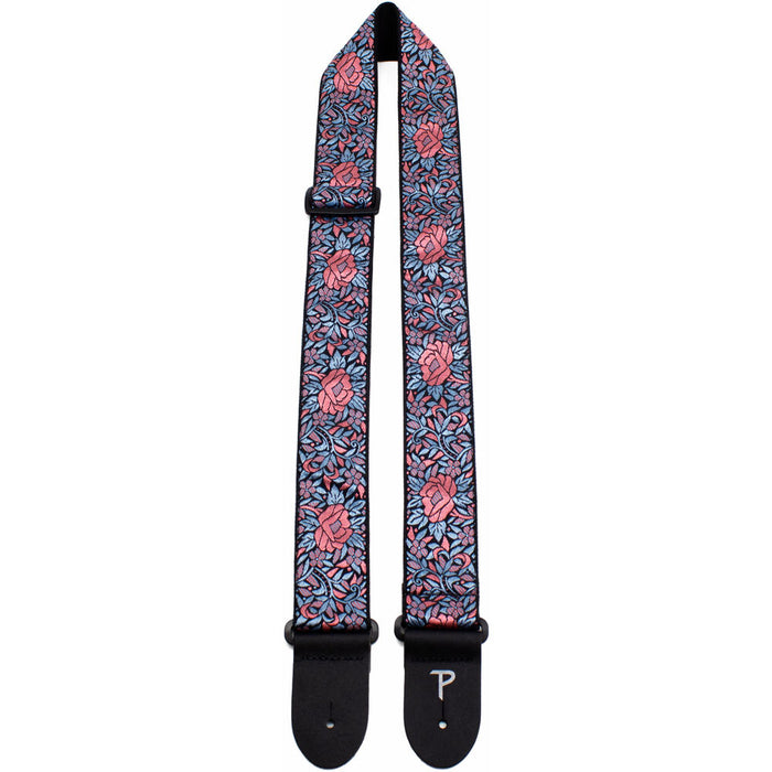Perris 2" Jacquard Guitar Strap - Blue & Red Flower Pattern w/ Leather ends