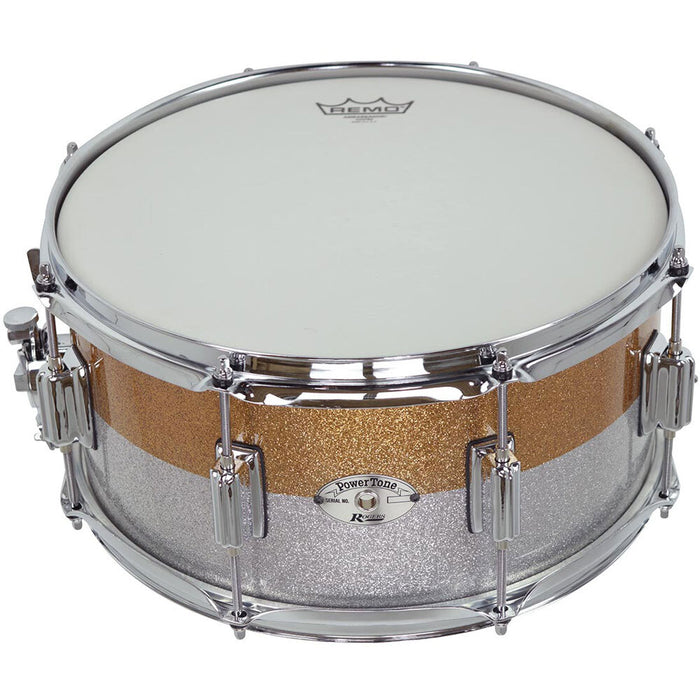 Rogers PowerTone Series Wood Shell Snare Drum in Gold/Silver Two Tone Lacquer Sparkle - 14 x 6.5