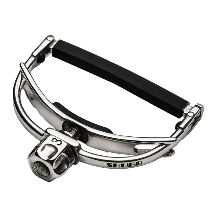 Shubb F3 Fine Tune Steel String Guitar Capo for Wider Necks in Stainless Steel 2-3/16" Wide and Curved