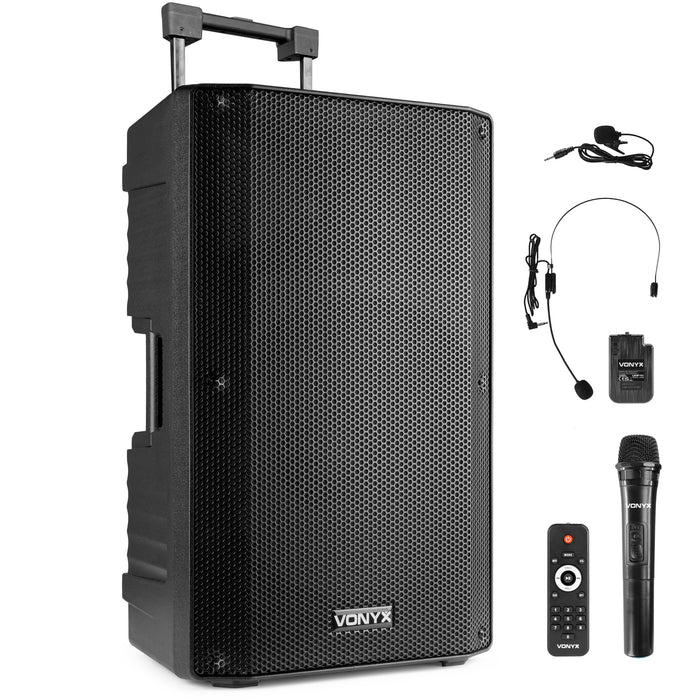 Vonyx VSA700-BP 1000W Battery Powered 15 PA Speaker with Handheld and Bodypack Wireless Microphones