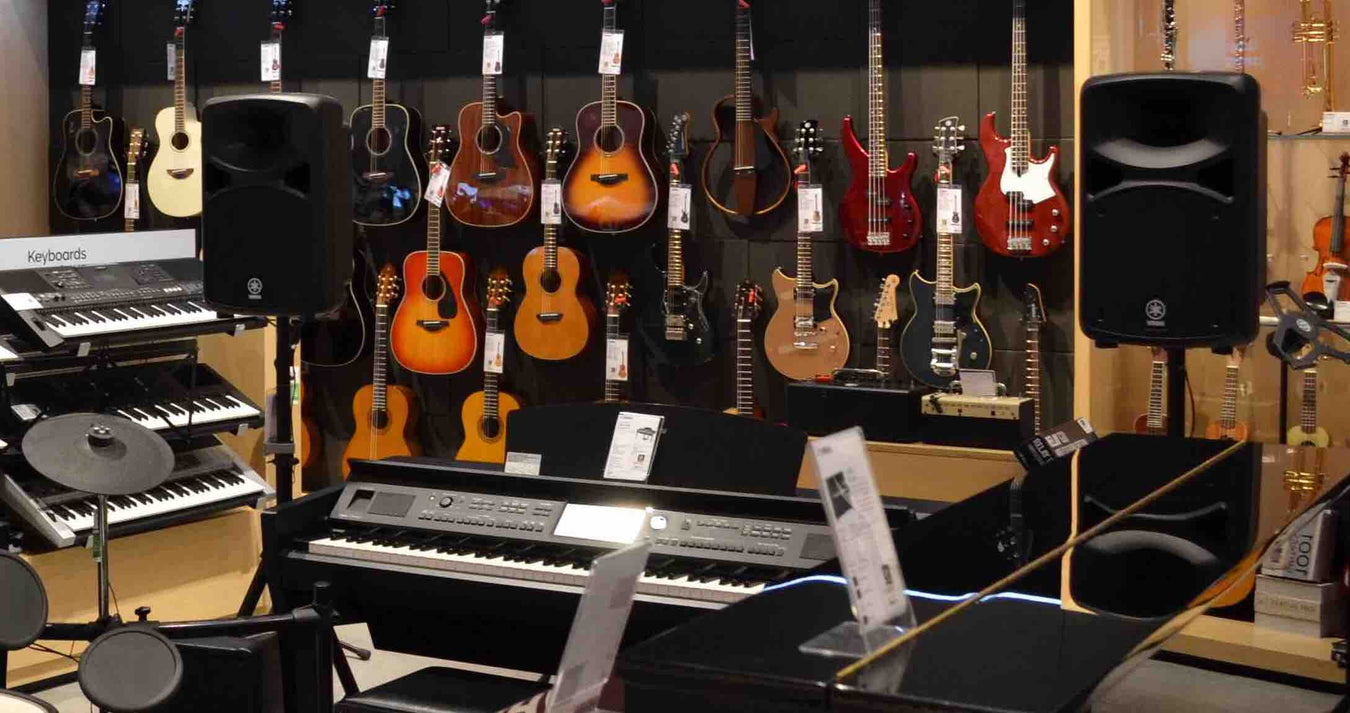 Display of musical instruments at Music Man Australia store