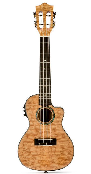 Lanikai Quilted Maple Concert AC/EL Ukulele in Natural Stain Gloss Finish with Lanikai Deluxe Gig Bag