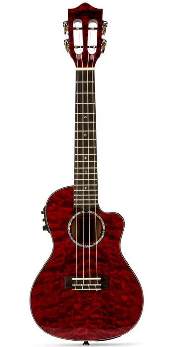 Lanikai Quilted Maple Concert AC/EL Ukulele in Red Stain Gloss Finish with Lanikai Deluxe Gig Bag