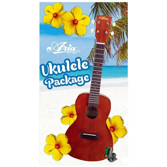 Aria AU-Series Tenor Ukulele Starter Package Includes Uke, Clip-on Tuner, Gig Bag & Book with CD/DVD