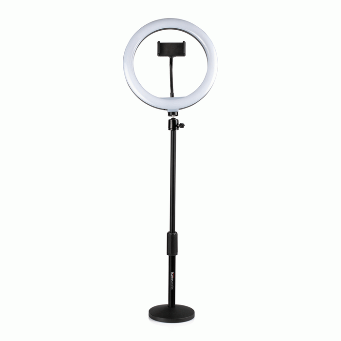 The Gator GFWRINGLIGHTDSKTP 10-Inch LED Desktop Ring Light Stand with Phone Holder and Compact Weighted Base