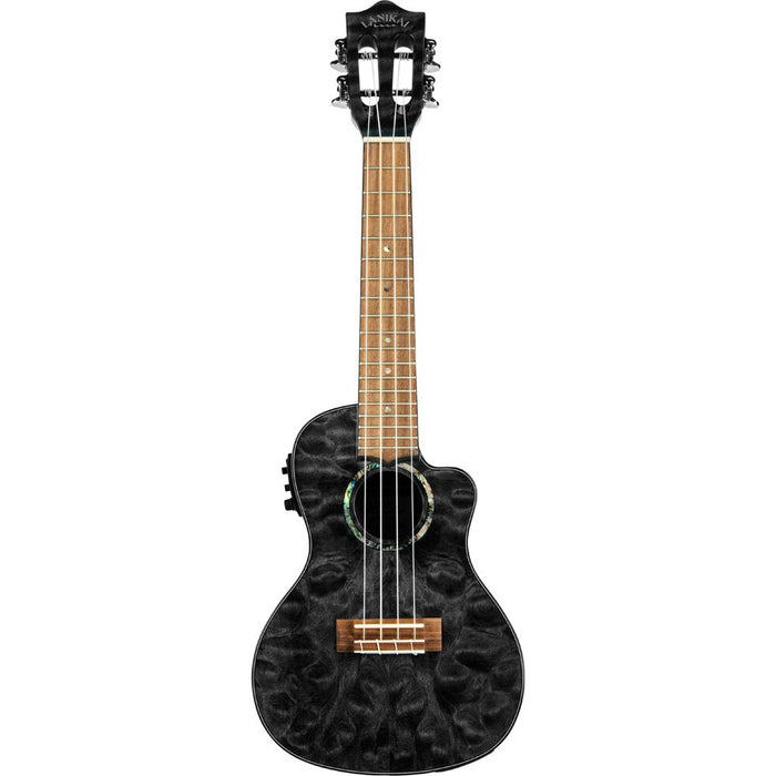 Lanikai Quilted Maple Concert AC/EL Ukulele in Black Stain Gloss Finish with Lanikai Black Nylon Foam Case