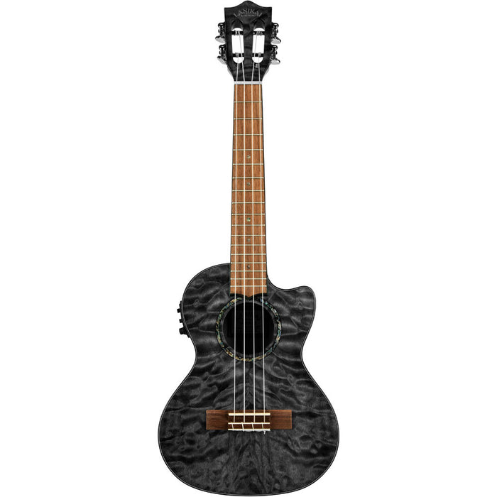 Lanikai Quilted Maple Tenor AC/EL Ukulele in Black Stain Gloss Finish with Lanikai Black Nylon Foam Case