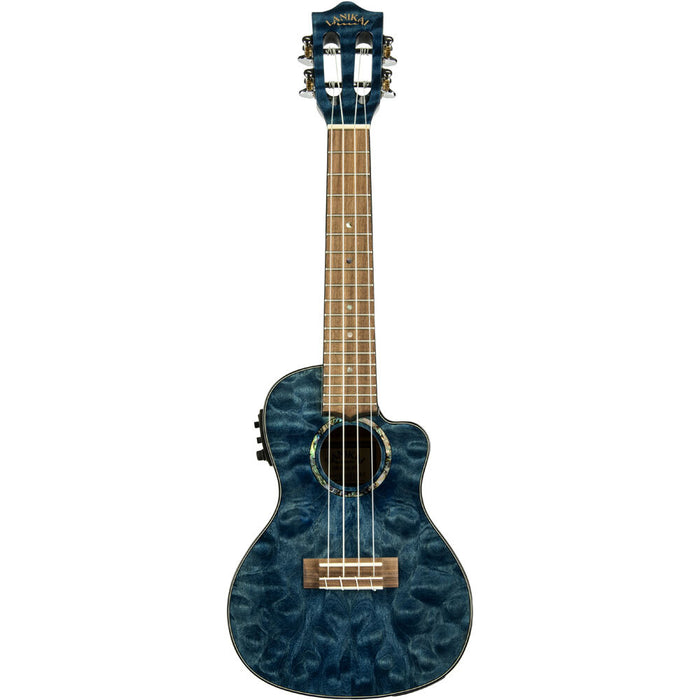 Lanikai Quilted Maple Concert AC/EL Ukulele in Blue Stain Gloss Finish with Lanikai Black Nylon Foam Case