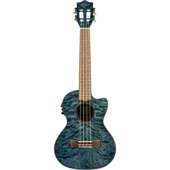 Lanikai Quilted Maple Tenor AC/EL Ukulele in Blue Stain Gloss Finish with Lanikai Black Nylon Foam Case