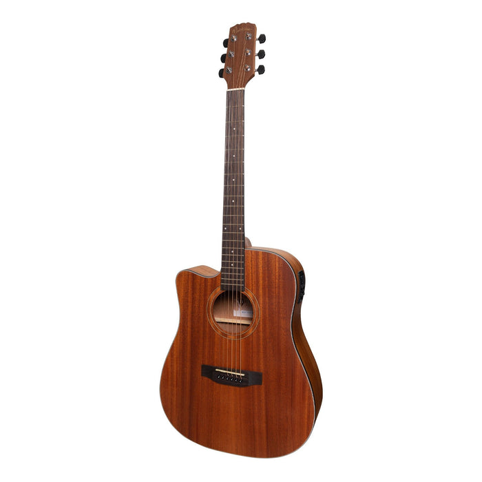 Martinez 'Natural Series' Left Handed Solid Mahogany Top Acoustic-Electric Dreadnought Cutaway Guitar (Open Pore)