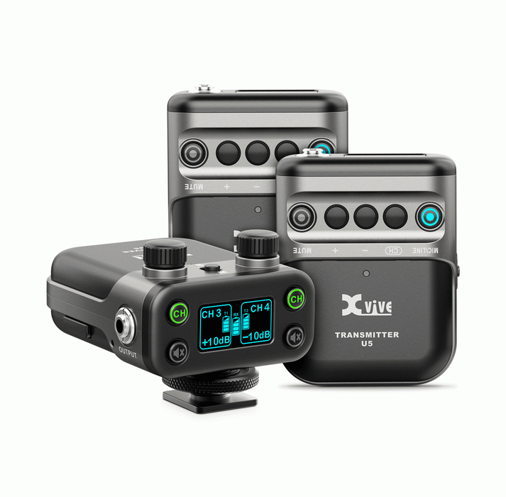 The XVIVE U5 Camera-Mounted Wireless Audio for Video System. Two transmitters and one receiver.
