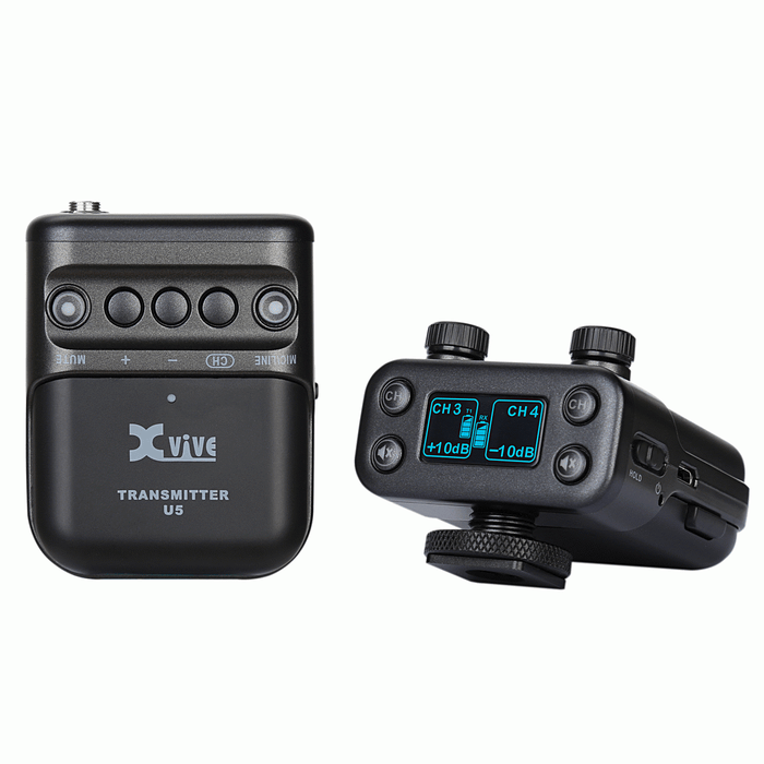 The XVIVE U5 Camera-Mounted Wireless Audio for Video System. One transmitter and one receiver.
